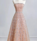 Niulatu Peach Strapless Ball Gown Long Prom Dress Tulle Beads Sparkly Evening Gowns HZ1031