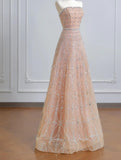 Niulatu Peach Strapless Ball Gown Long Prom Dress Tulle Beads Sparkly Evening Gowns HZ1031