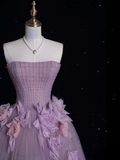 Niulatu Strapless Ball Gown Purple Long Prom Dress Tulle Applique Evening Dress Sweet 16 Dress HZ1031