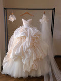 Niulatu Champagne Strapless Ball Gown Wedding Dress Tulle Satin Bridal Dress with Veil HZ1031
