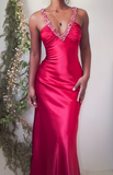 Niulatu V-neck Sheath Evening Dress Red Satin Beaded Long Prom Dress Elegant Party Dress HZ1031