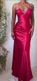 Niulatu V-neck Sheath Evening Dress Red Satin Beaded Long Prom Dress Elegant Party Dress HZ1031