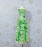 Niulatu Spaghetti Strap Ball Gown Evening Dress Green Satin Tiered Party Dress HZ1031