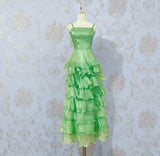 Niulatu Spaghetti Strap Ball Gown Evening Dress Green Satin Tiered Party Dress HZ1031