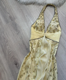 Niulatu Halter Sheath Long Prom Dress Yellow Beaded Chiffon Formal Dress Backless Evening Gown HZ1031