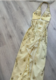 Niulatu Halter Sheath Long Prom Dress Yellow Beaded Chiffon Formal Dress Backless Evening Gown HZ1031