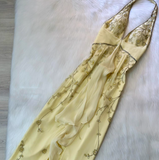 Niulatu Halter Sheath Long Prom Dress Yellow Beaded Chiffon Formal Dress Backless Evening Gown HZ1031