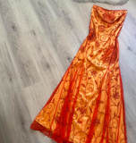 Niulatu Strapless A-Line Long Prom Dress Orange Beaded Chiffon Formal Dress Elegant Evening Gown HZ1031