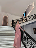 Niulatu Pink V-Neck A-Line Long Prom Dress Satin Evening Dress Bridesmaid Dress HZ1031