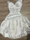 Niulatu White Birthday Dress Spaghetti Strap Ball Gown Satin Party Dress Short Homecoming Dress HZ1031