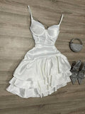 Niulatu White Birthday Dress Spaghetti Strap Ball Gown Satin Party Dress Short Homecoming Dress HZ1031