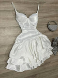 Niulatu White Birthday Dress Spaghetti Strap Ball Gown Satin Party Dress Short Homecoming Dress HZ1031