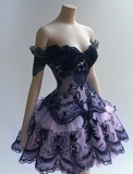 Niulatu Ball Gown Sweetheart Neck Birthday Dress Lace Applique Party Dress Tulle Purple Short Homecoming Dress HZ1031