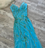 Niulatu Blue Sheath Spaghetti Strap Long Prom Dress Beaded Chiffon Evening Dress Stunning Formal Dress HZ1031