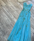 Niulatu Blue Sheath Spaghetti Strap Long Prom Dress Beaded Chiffon Evening Dress Stunning Formal Dress HZ1031