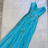 Niulatu Blue Sheath Spaghetti Strap Long Prom Dress Beaded Chiffon Evening Dress Stunning Formal Dress HZ1031