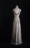 Niulatu Sheath V-neck Silk Beaded Long Evening Gowns,Sequined Tulle Light Grey Formal Dresses Gorgeous Prom Dress HZ1031