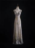 Niulatu Sheath V-neck Silk Beaded Long Evening Gowns,Sequined Tulle Light Grey Formal Dresses Gorgeous Prom Dress HZ1031