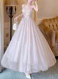Niulatu Modest Spaghetti Strap Ball Gown Tulle Apricot Long Prom Dress Sweet 16 Dress HZ1031