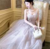 Niulatu Modest Spaghetti Strap Ball Gown Tulle Apricot Long Prom Dress Sweet 16 Dress HZ1031