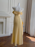 Niulatu Yellow Sheath Evening Dress Spaghetti Strap Formal Dress Modest Slit Long Prom Dress HZ1031
