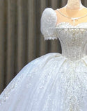 Niulatu Sweetheart Neck Ball Gown Tulle Beaded Bridal Dress Modest Short Sleeve Wedding Dress HZ1031