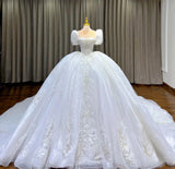 Niulatu Sweetheart Neck Ball Gown Tulle Beaded Bridal Dress Modest Short Sleeve Wedding Dress HZ1031