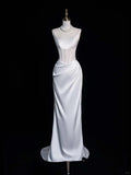 Niulatu Sheath White Bateau Neck Satin Bridal Dress Modest Wedding Dress HZ1031