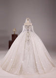 Niulatu White Ball Gown Off-the-shoulder Bridal Gown Tulle Beading Long Sleeve Bridal Dress Modest Wedding Dress HZ1031