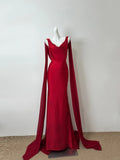 Niulatu Sheath V-Neck Long Evening Dress Burgundy Backless Satin Prom Dress with Ribbon HZ1031