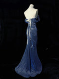 Niulatu Off-the-shoulder Sheath Long Evening Dress Navy Blue Glitter Formal Dress Elegant Prom Dress HZ1031