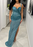 Niulatu Sweetheart Neck Sheath Evening Dress Tulle Sequin Long Prom Dress Modest Turquoise Slit Guest Outfits HZ1031