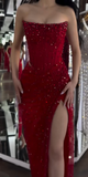 Niulatu Strapless Sheath Silt Evening Dress Burgundy Modest Rhinestone Two-Piece Long Prom Dress HZ1031