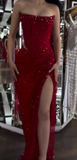 Niulatu Strapless Sheath Silt Evening Dress Burgundy Modest Rhinestone Two-Piece Long Prom Dress HZ1031