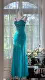 Niulatu Halter Mermaid Evening Dress Turquoise Beaded Chiffon Formal Dress Modest Long Prom Dress HZ1031