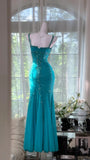 Niulatu Halter Mermaid Evening Dress Turquoise Beaded Chiffon Formal Dress Modest Long Prom Dress HZ1031
