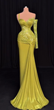 Niulatu Yellow Sheath Satin Formal Evening Gown Sweetheart Neck Modest Lace Long Prom Dress HZ1031