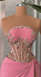 Niulatu Sheath Strapless Long Prom Dress Modest Pink Beaded Satin Formal Evening Gown HZ1031