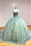 Niulatu V-neck Ball Gown Green Applique Sequin Quinceanera Dress Tulle Long Prom Dress Sweet 16 Dress HZ1031