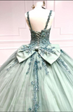 Niulatu V-neck Ball Gown Green Applique Sequin Quinceanera Dress Tulle Long Prom Dress Sweet 16 Dress HZ1031