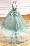 Niulatu V-neck Ball Gown Green Applique Sequin Quinceanera Dress Tulle Long Prom Dress Sweet 16 Dress HZ1031