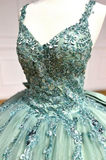 Niulatu V-neck Ball Gown Green Applique Sequin Quinceanera Dress Tulle Long Prom Dress Sweet 16 Dress HZ1031