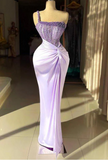 Niulatu One Shoulder Sheath Satin Formal Evening Dress Purple Beaded Long Prom Dress HZ1031