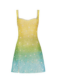 Niulatu Yellow/Turquoise Sheath Spaghetti Straps Short Formal Dress Elegant Beaded Birthday Outfit Homecoming Dress HZ1031