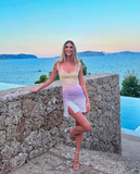 Niulatu Yellow/Turquoise Sheath Spaghetti Straps Short Formal Dress Elegant Beaded Birthday Outfit Homecoming Dress HZ1031