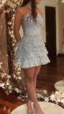 Niulatu Gray Blue Halter Ball Gown Short Formal Dress Sweet Applique Birthday Outfits Homecoming Dress HZ1031