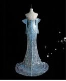 Niulatu Ice Blue Mermaid Off-the-Shoulder Evening Dress Elegant Tulle Sequined Long Prom Dress with Long Sleeves HZ1031