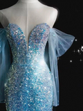 Niulatu Ice Blue Mermaid Off-the-Shoulder Evening Dress Elegant Tulle Sequined Long Prom Dress with Long Sleeves HZ1031
