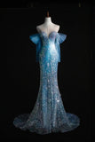 Niulatu Ice Blue Mermaid Off-the-Shoulder Evening Dress Elegant Tulle Sequined Long Prom Dress with Long Sleeves HZ1031