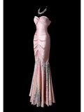 Niulatu Pink Mermaid Sweetheart Neck Evening Dress Modest Satin Sequin Formal Dress Long Prom Dress HZ1031